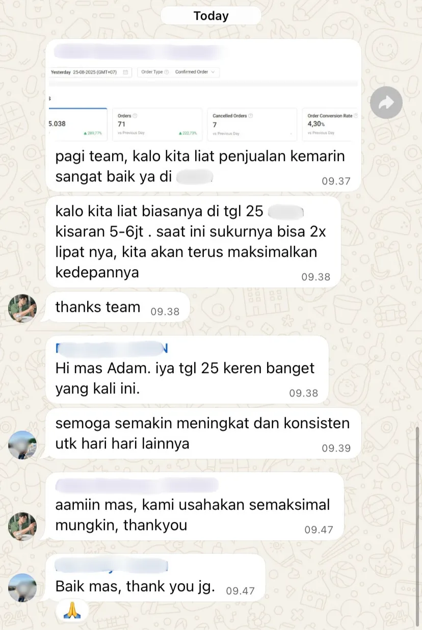 WhatsApp message from a client whose daily sales doubled their usual figures after Tijarah Media took over the ads